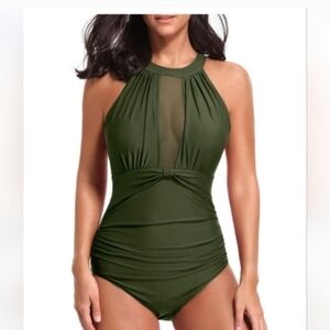 NEW Tempt Me Olive Green Halter One-Piece Swimsuit Size Small